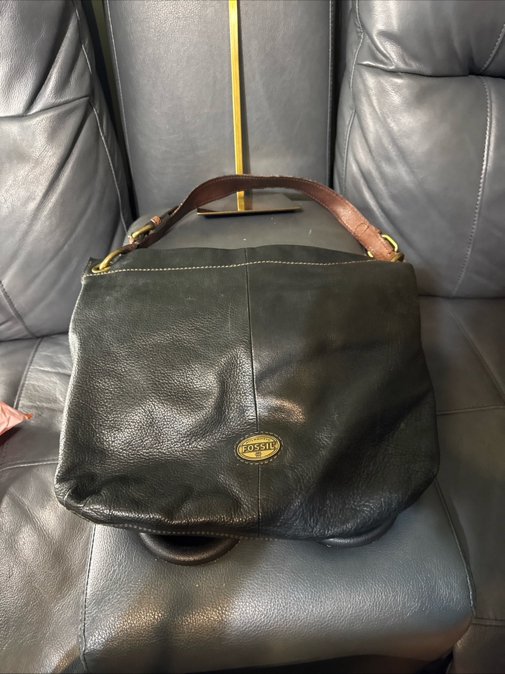 Fossil Black Leather Handbag with Brass Logo Accent